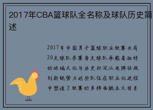 2017年CBA篮球队全名称及球队历史简述